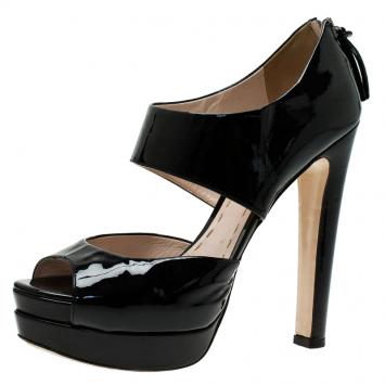 Pre Owned Miu Miu Black Patent Peep Toe Back Zip Platform Pumps Size 39