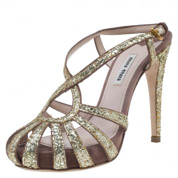 Pre Owned Miu Miu Gold Glitter and Brown Suede Cut Out Platform Sandals Size 35