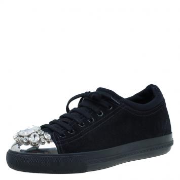 Pre Owned Miu Miu Black Suede Crystal Cap Toe Suede Sneakers Size 39