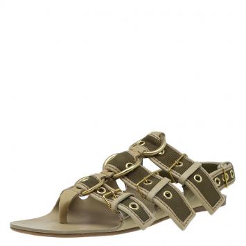 Pre Owned Miu Miu Beige Leather and Green Canvas Triple Buckle Flat Sandals Size 39 
