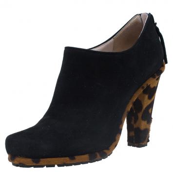 Pre Owned Miu Miu Black Suede and Leopard Print Hair-On Ankle Boots Size 38