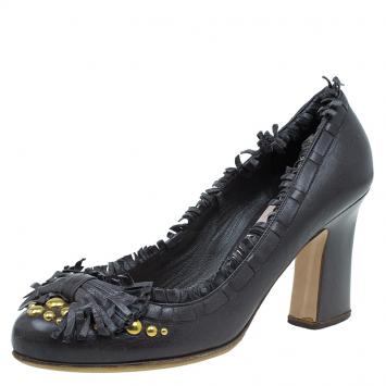 Pre Owned Miu Miu Dark Grey Leather Studded Fringe Bow Detail Pumps Size 38