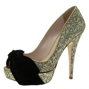 Pre Owned Miu Miu Gold Glitter Velvet Bow Peep Toe Platform Pumps Size 35