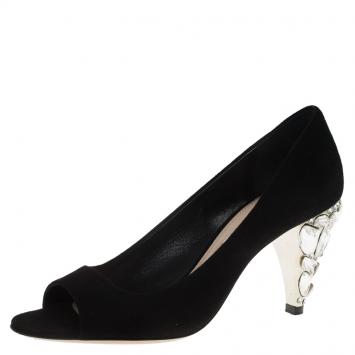 Pre Owned Miu Miu Black Suede Jeweled Heel Open Toe Pumps Size 36.5