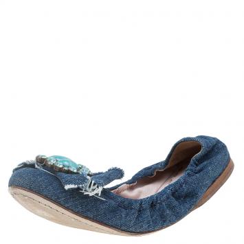 Pre Owned Miu Miu Blue Denim Embellished Ballet Flats Size 35.5