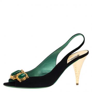 Pre Owned Miu Miu Black Suede Jeweled Slingback Sandals Size 39