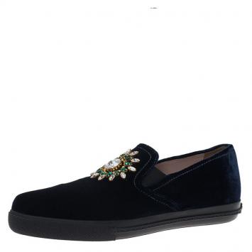 Pre Owned Miu Miu Blue Velvet Jeweled Skate Sneakers Size 36.5