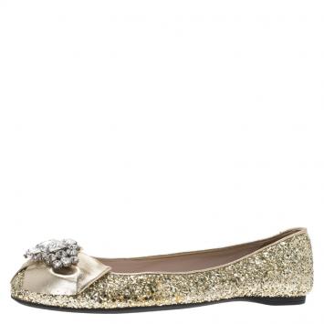 Pre Owned Miu Miu Gold Glitter Crystal Embellished Bow Ballet Flats Size 39.5