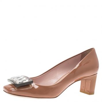 Pre Owned Miu Miu Beige Patent Crystal Embellished Pumps Size 37.5