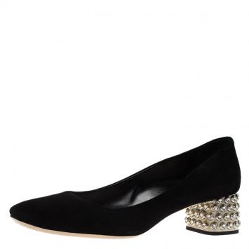 Pre Owned Miu Miu Black Suede Crystal Block Heel Pumps Size 39