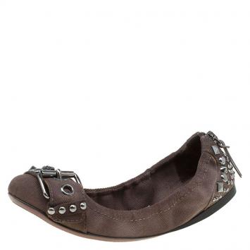 Pre Owned Miu Miu Brown Studded Canvas Buckle Detail Ballet Flats Size 36.5