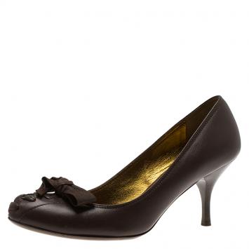 Pre Owned Miu Miu Brown Leather Bow Detail Pumps Size 36.5