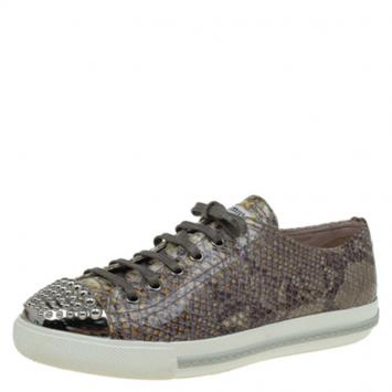 Pre Owned Miu Miu Brown Python Print Glossy Leather Studded Cap Toe Sneakers Size 39.5