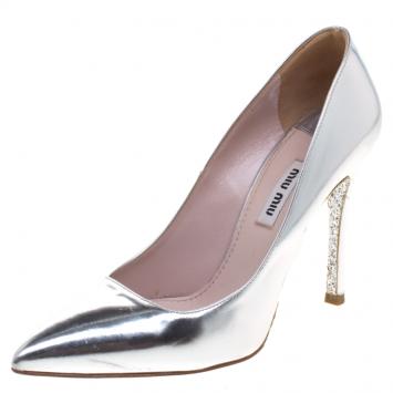 Pre Owned Miu Miu Silver Metallic Leather Specchio Pointed Toe Pumps Size 36.5