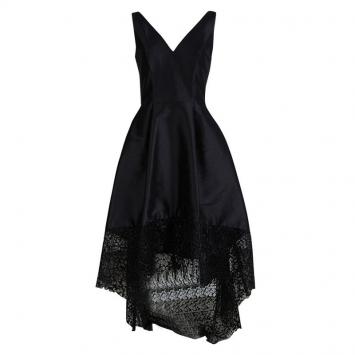 Pre Owned ML By Monique Lhuillier Black Lace Detail High Low Gown S