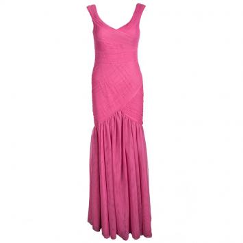 Pre Owned Monique Lhuillier Pink Pleated Net Detail Sleeveless Gown S