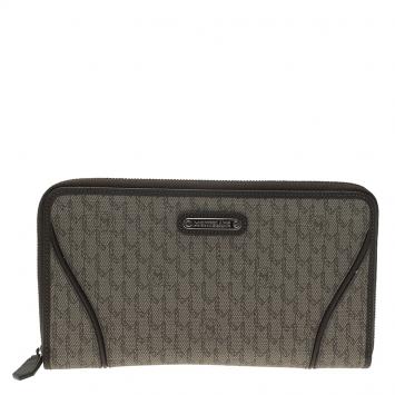 Pre Owned Montblanc Brown Leather and Signature Canvas Zip Around Travel Wallet