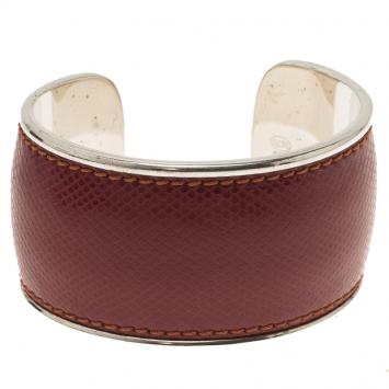 Pre Owned Montblanc Burgundy Leather Silver Cuff Bracelet
