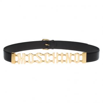 Pre Owned Moschino Black Leather Logo Chain Belt 115 CM
