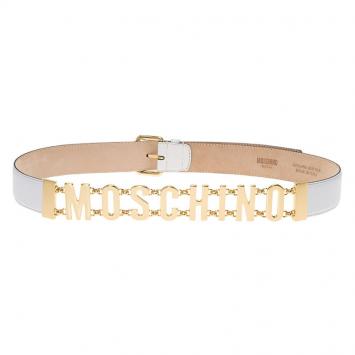 مملوكة مسبقًا Moschino White Leather Logo Chain Belt 110 CM