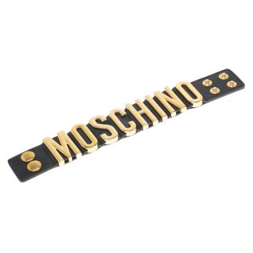 Pre Owned Moschino Logo Plaque Black Leather Cuff Bracelet