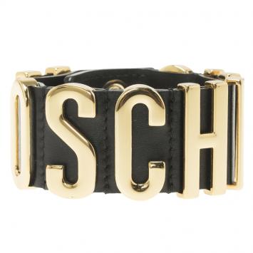 مملوكة مسبقًا Moschino Logo Black Leather Gold Tone Cuff Bracelet S