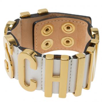 Pre Owned Moschino Logo White Leather Bracelet