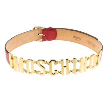 مملوكة مسبقًا Moschino Red Leather Logo Chain Belt 95 CM