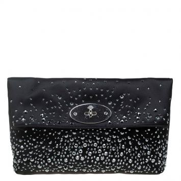 Pre Owned Mulberry Black Satin Embellished Clemmie Clutch
