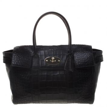 Pre Owned Mulberry Black Croc Embossed Leather Bayswater Satchel