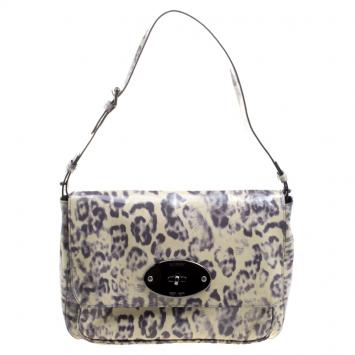 Pre Owned Mulberry Grey/Cream Leopard Print Patent Leather Bayswater Shoulder Bag