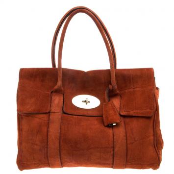 Pre Owned Mulberry Orange Croc Embossed Suede Bayswater Satchel