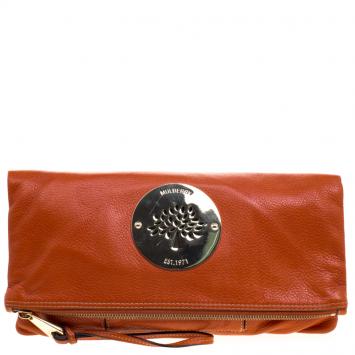 Pre Owned Mulberry Orange Leather Daria Fold-over Clutch 