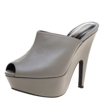Pre Owned Narciso Rodriguez Grey Leather Peep Toe Clogs Size 37.5