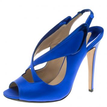 Pre Owned Nicholas Kirkwood Cobalt Blue Satin Cross Strap Slingback Sandals Size 38.5