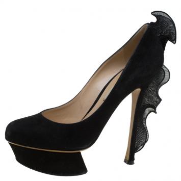 Pre Owned Nicholas Kirkwood Black Suede Ruffle Trimmed Platform Pumps Size 38