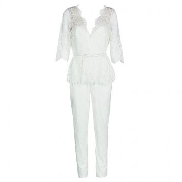 Pre Owned Notte By Marchesa White Lace V-Neck Belted Jumpsuit M
