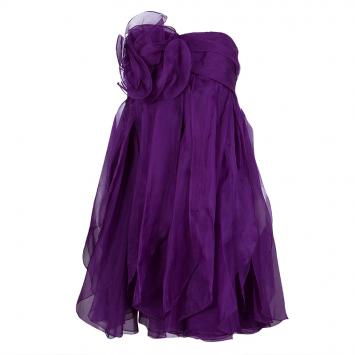 Pre Owned Notte By Marchesa Purple Floral Applique Ruffled Strapless Dress L