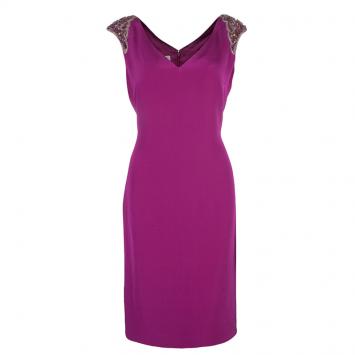 Pre Owned Notte By Marchesa Purple Shoulder Embellished Dress M
