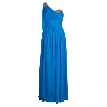 Pre Owned Notte By Marchesa Blue Embellished Silk Gown M
