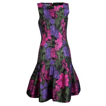 Pre Owned Oscar de la Renta Floral Printed Paneled Sleeveless Flared Dress S