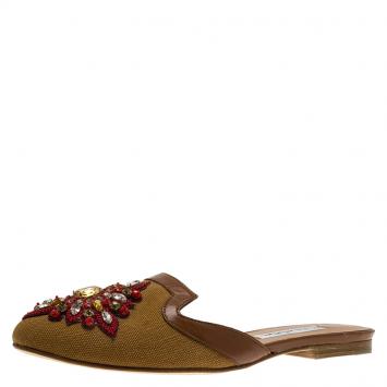 Pre Owned Oscar De La Renta Brown Embellished Canvas and Leather Flat Spanish Mules Size 36