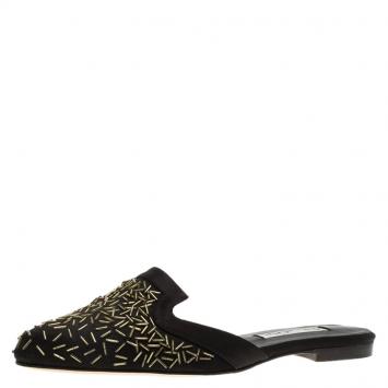 Pre Owned Oscar De La Renta Black Embellished Satin Calista Flat Mules Size 36.5