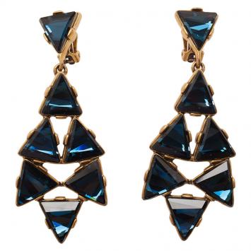 Pre Owned Oscar de la Renta Triangle Blue Swarovski Crystal Gold Tone Clip On Earrings