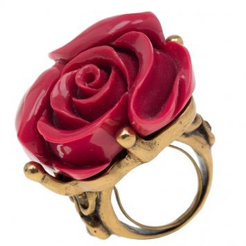 Pre Owned Oscar de la Renta  Rose Red Amaranth Gold Tone Ring