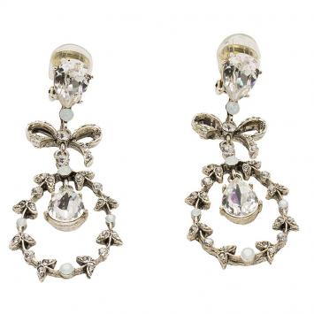 Pre Owned Oscar De La Renta Bow Drop Crystal Clip-On Earrings
