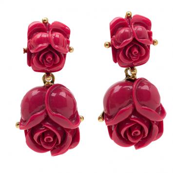 Pre Owned Oscar de la Renta Double Rose Red Amaranth Clip-On Earrings