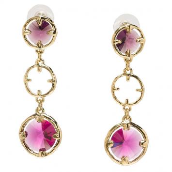Pre Owned Oscar de la Renta Magenta Crystals Gold Tone Long Earrings