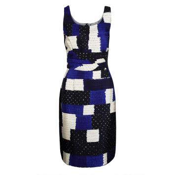 Pre Owned Oscar De La Renta Blue Patch Print Sleeveless Dress L