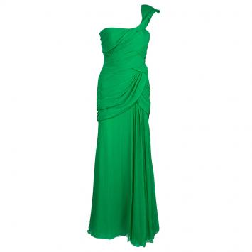 Pre Owned Oscar de la Renta Green Silk Chiffon One Shoulder Ruched Gown XS